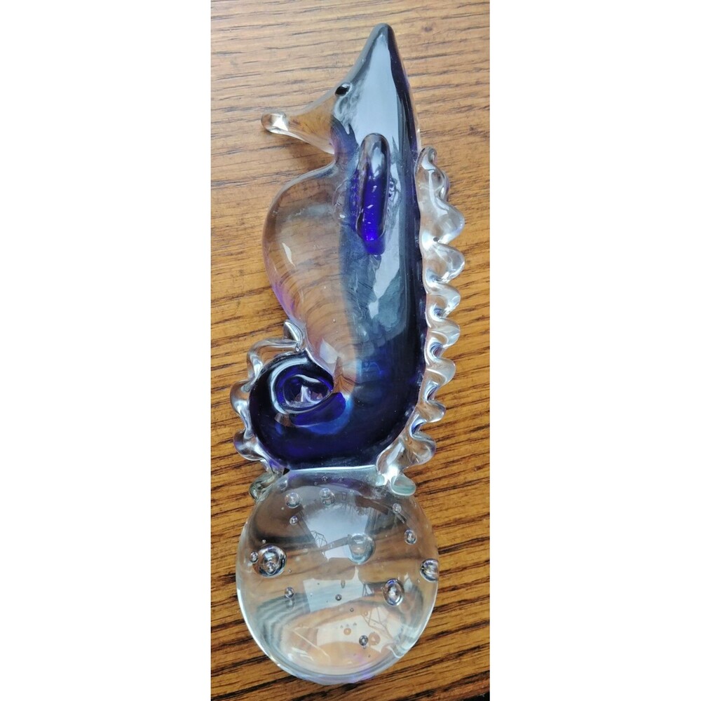 Paperweight vintage blown Art Glass Blue Seahorse - Picture 4 of 8